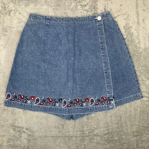 VTG Disney Store Mickey Mouse Embroidered Paisley Wrap Skirt Denim Size S - Picture 1 of 11